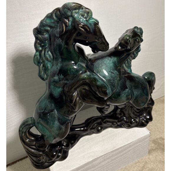 Wyatt Art Pottery Rearing Horses Figure Green Black Drip Glaze 11.75" Canada - Picture 4 of 12